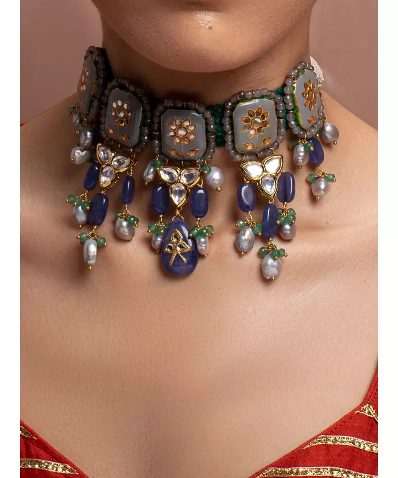 Grey Yellow Gold Brass kundanNecklace