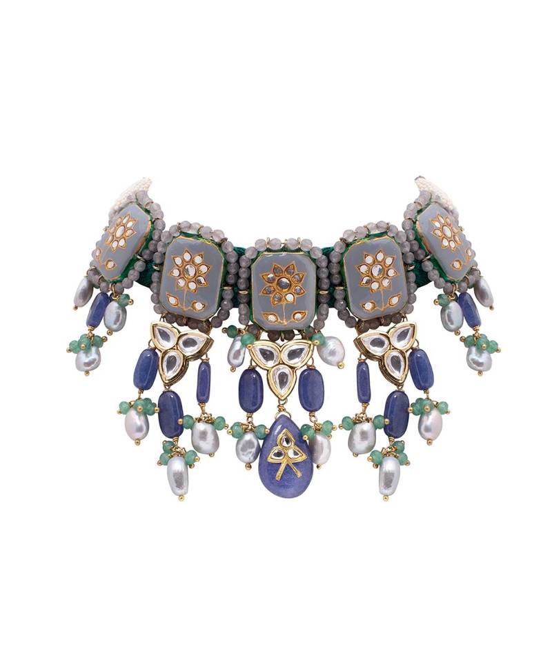 Grey Green Gold Tone Kundan Enameled Necklace With Pearls