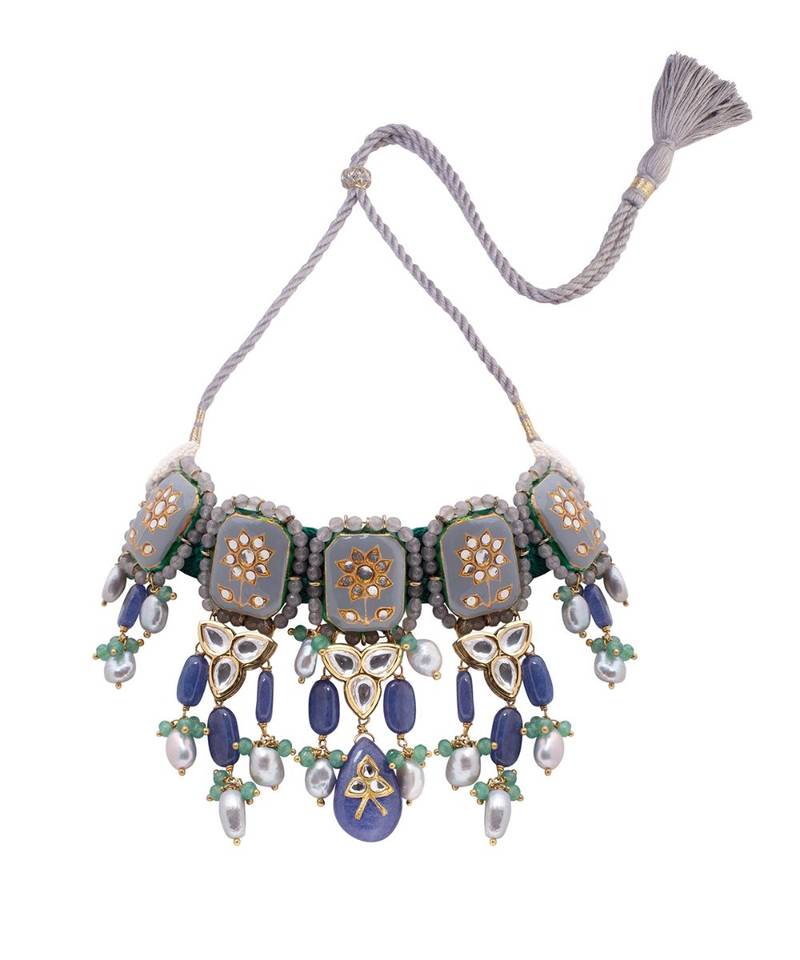 Grey Green Gold Tone Kundan Enameled Necklace With Pearls