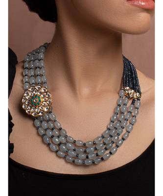 Blue Grey Gold Tone Kundan Beaded Necklace 1