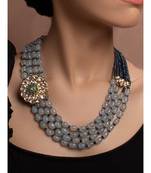 Blue Grey Gold Tone Kundan Beaded Necklace