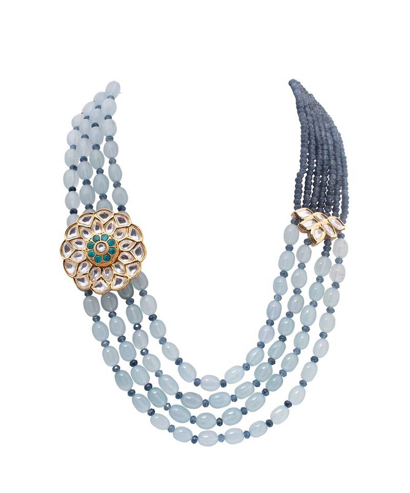 Blue Grey Gold Tone Kundan Beaded Necklace