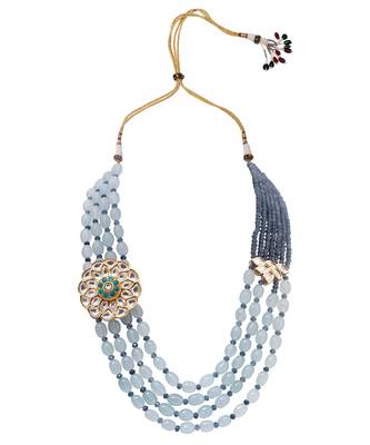 Blue Grey Gold Tone Kundan Beaded Necklace 3