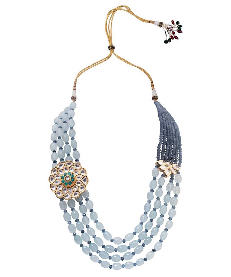 Blue Grey Gold Tone Kundan Beaded Necklace