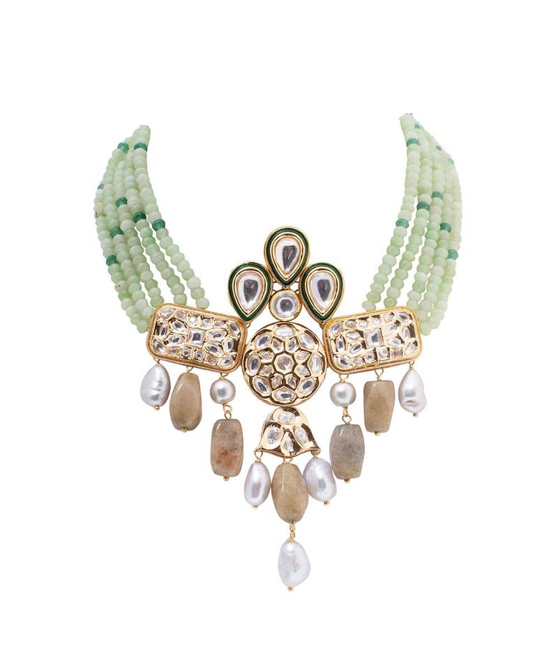 Green Gold Tone Kundan Beaded Necklace