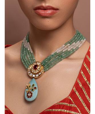 Green Turquoise Gold Tone Kundan Beaded Necklace 1