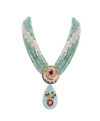 Green Turquoise Gold Tone Kundan Beaded Necklace 2