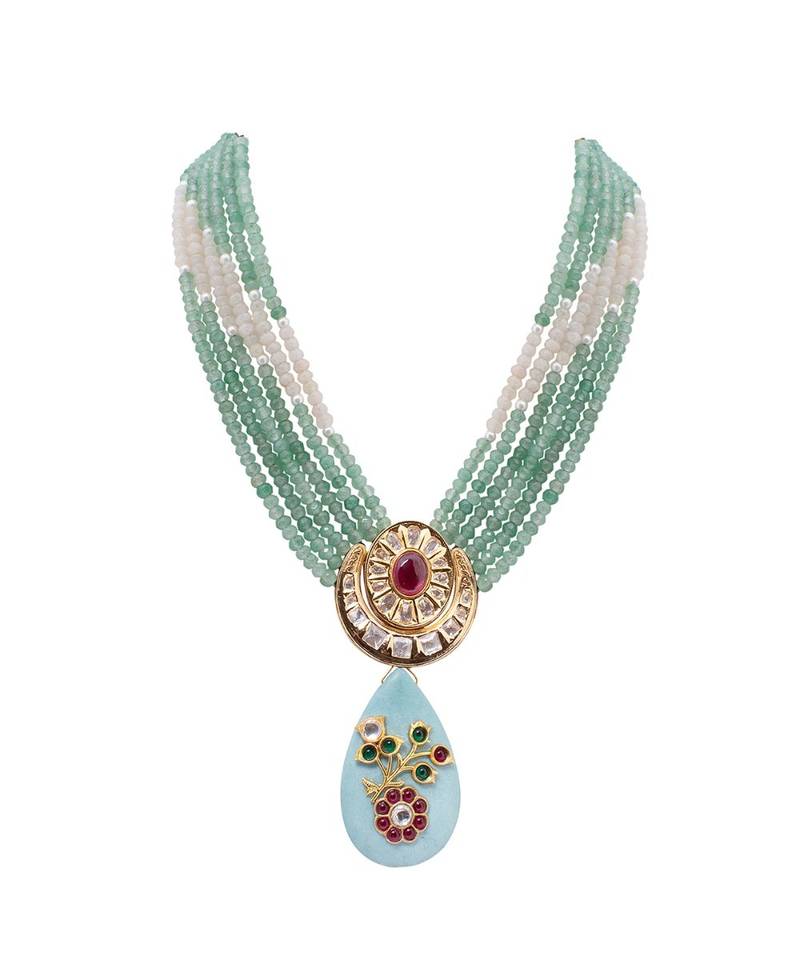 Green Turquoise Gold Tone Kundan Beaded Necklace