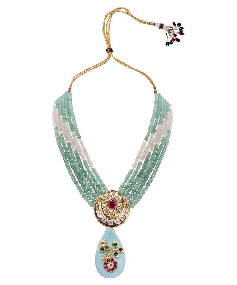 Green Turquoise Gold Tone Kundan Beaded Necklace
