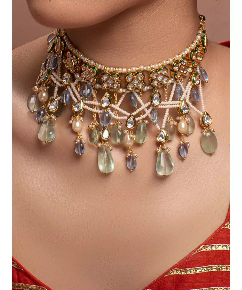 White Yellow Gold Brass kundanNecklace