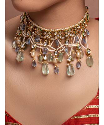 White Blue Gold Tone Kundan Beaded Necklace Choker Necklace 1