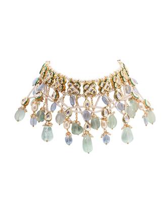 White Blue Gold Tone Kundan Beaded Necklace Choker Necklace 2