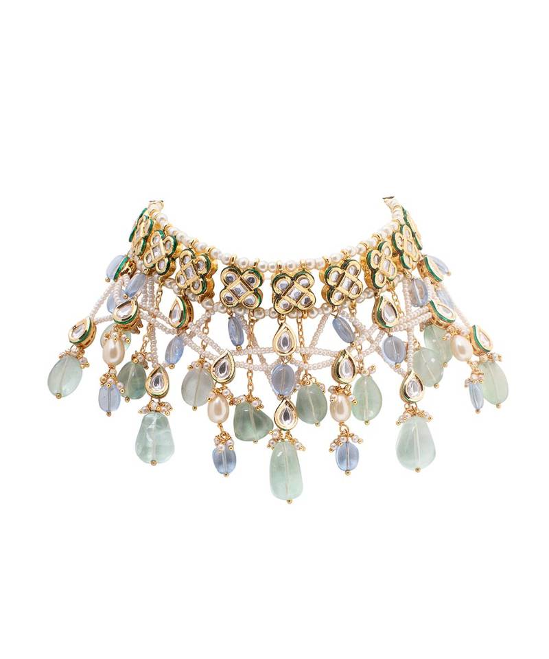 White Blue Gold Tone Kundan Beaded Necklace Choker Necklace