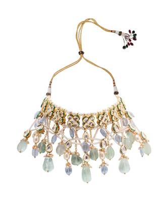 White Blue Gold Tone Kundan Beaded Necklace Choker Necklace 3