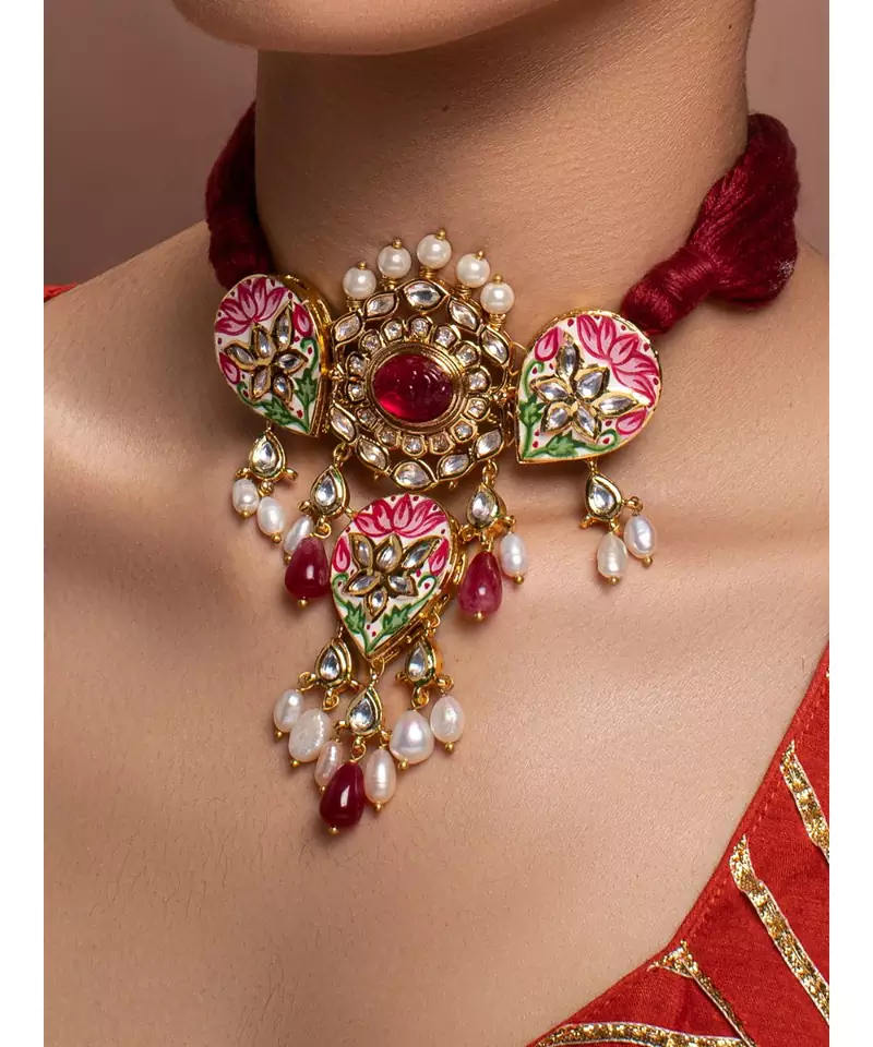 Red Yellow Gold Brass kundanNecklace