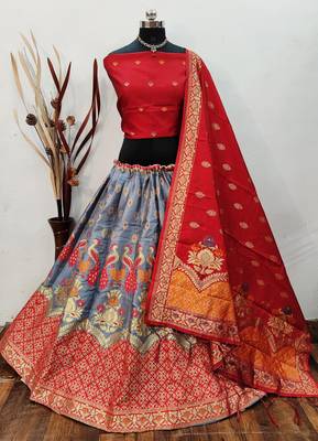 Grey Banarasi Brocade silk Lehenga Choli with pure zari work Semi Stitched 1
