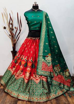Red Orange Banarasi Brocade silk Lehenga Choli with pure zari work Semi Stitched 1