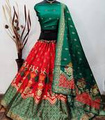 Red Orange Banarasi Brocade silk Lehenga Choli with pure zari work Semi Stitched