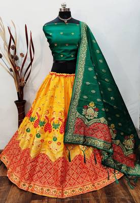Yellow Banarasi Brocade silk Lehenga Choli with pure zari work Semi Stitched 1