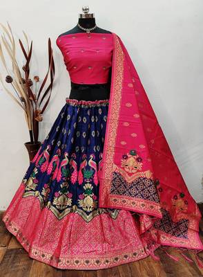 Blue Banarasi Brocade silk Lehenga Choli with pure zari work Semi Stitched 1