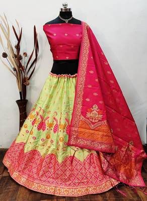Light Green Banarasi Brocade silk Lehenga Choli with pure zari work Semi Stitched 1