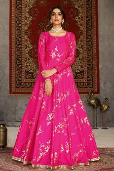 Deep pink metallic foilage Taffeta Evening Long Gown