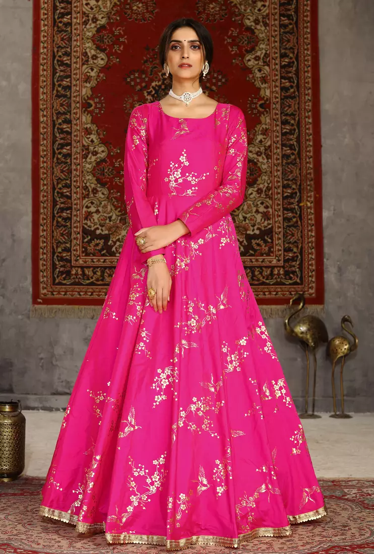 Deep pink metallic foilage Taffeta Evening Long Gown