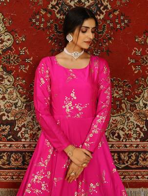 Deep pink metallic foilage Taffeta Evening Long Gown 2