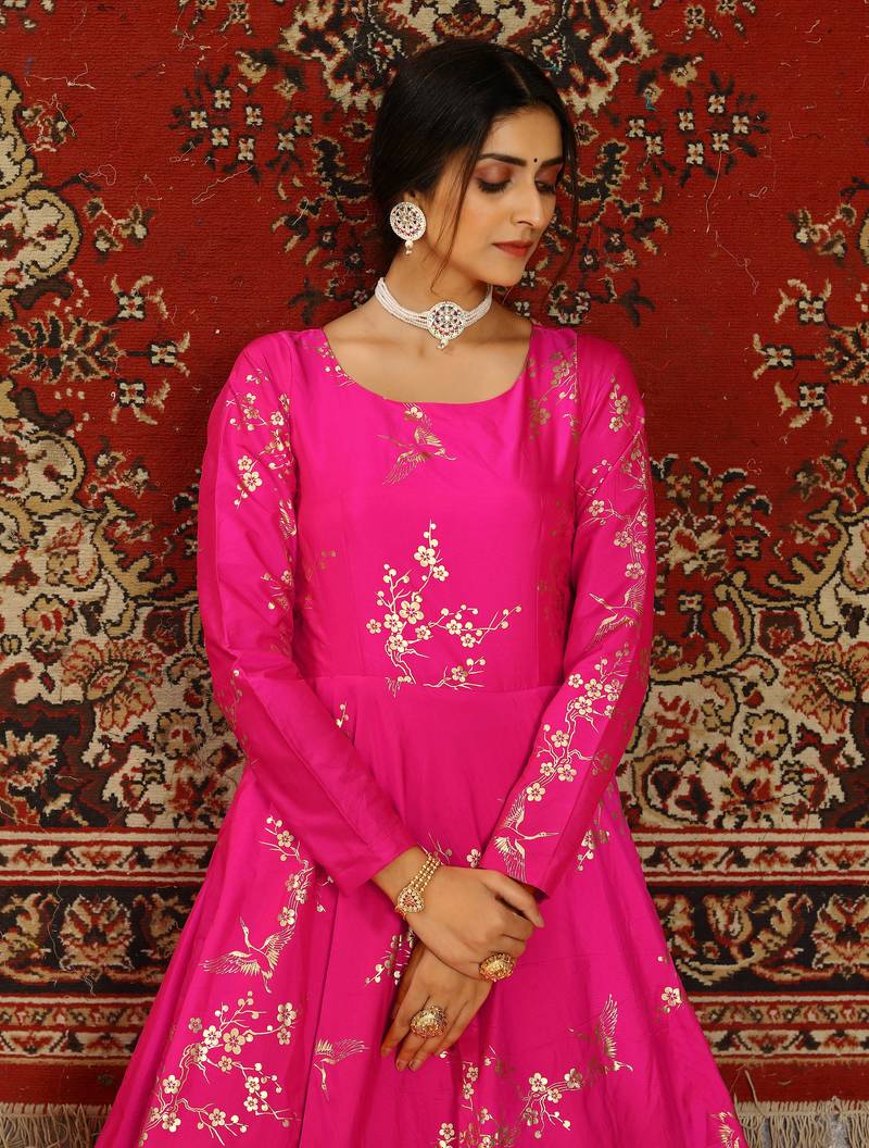 Deep pink metallic foilage Taffeta Evening Long Gown