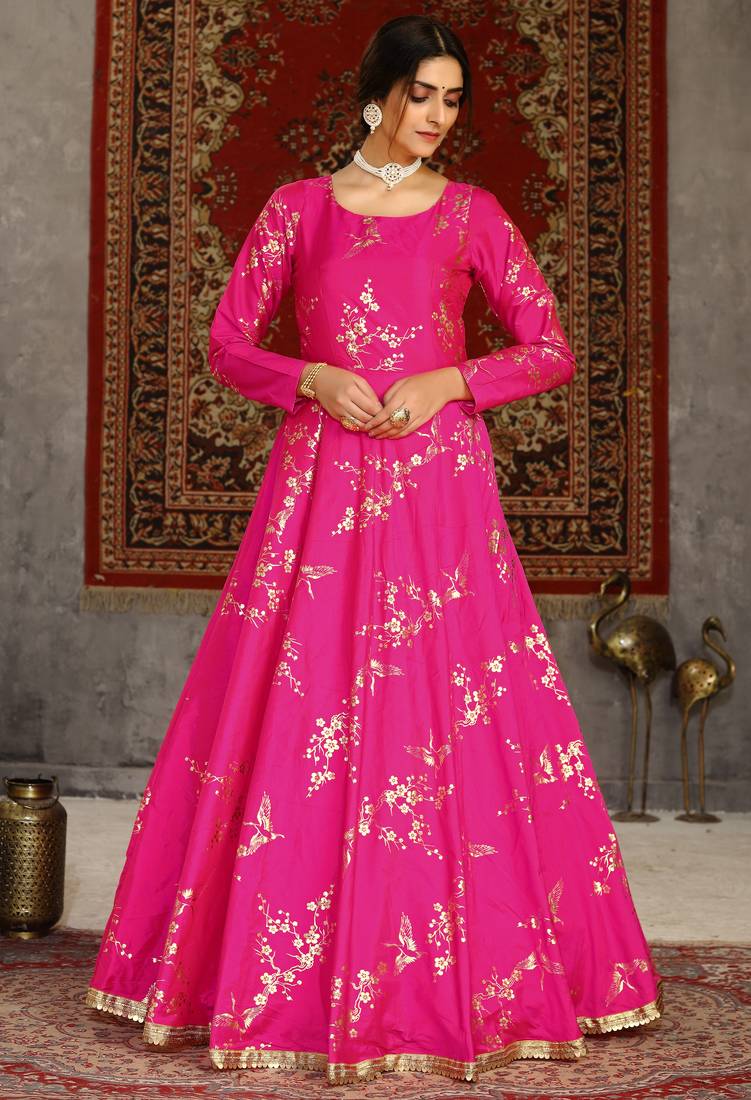 Deep pink metallic foilage Taffeta Evening Long Gown