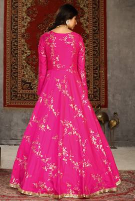 Deep pink metallic foilage Taffeta Evening Long Gown 4