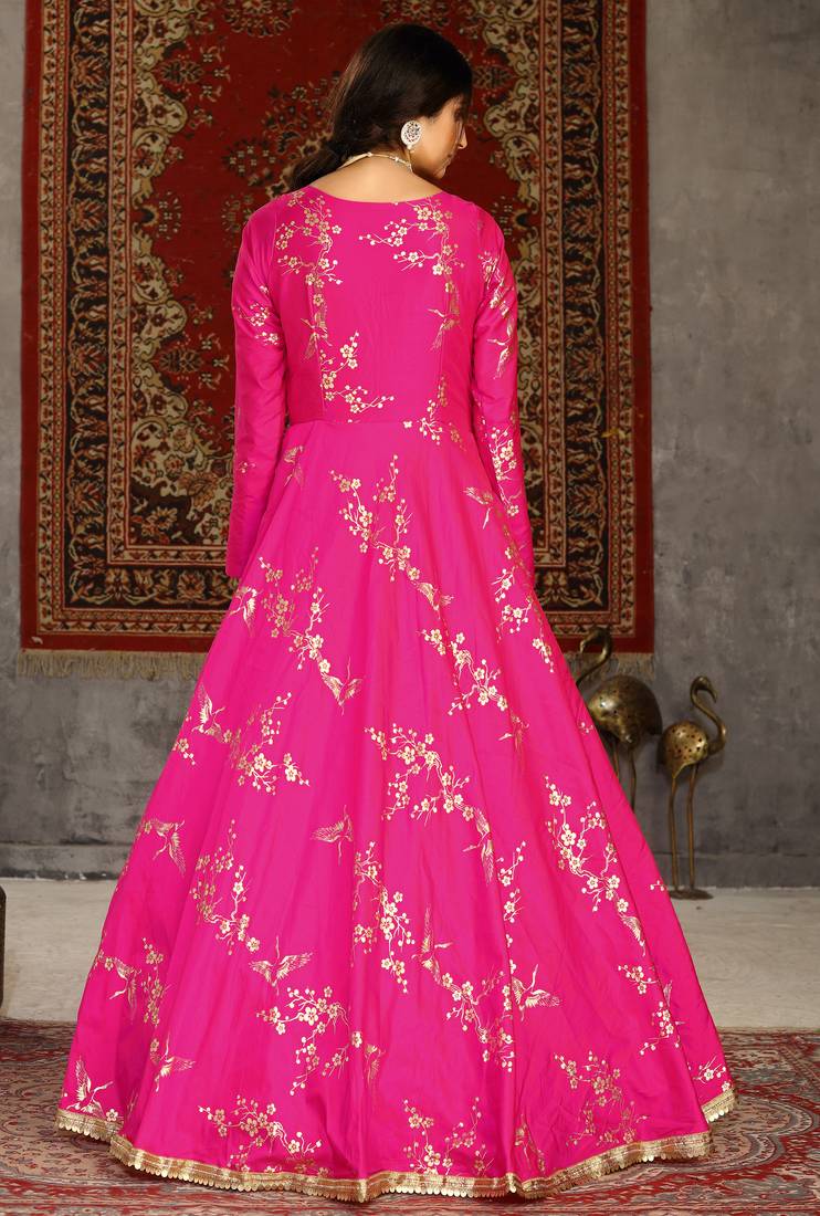 Deep pink metallic foilage Taffeta Evening Long Gown