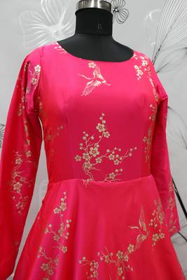 Deep pink metallic foilage Taffeta Evening Long Gown 6