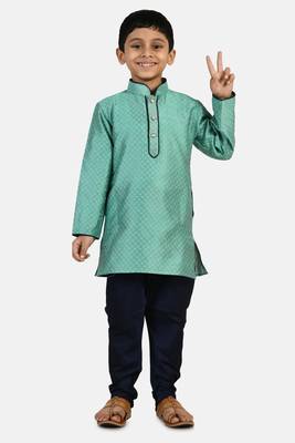 Green woven blended cotton boys-kurta-pyjama 1