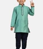 Green woven blended cotton boys-kurta-pyjama