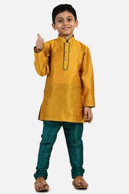 Gold woven blended cotton boys-kurta-pyjama 1