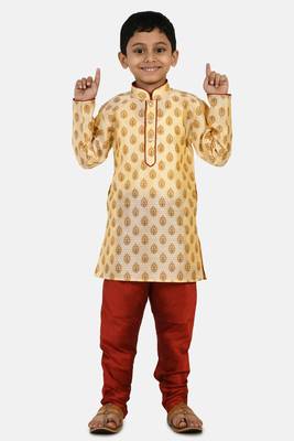 Gold printed blended cotton boys-kurta-pyjama 1