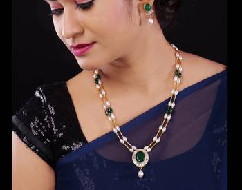 Pitti Jewels White Pearl and Green Beads Studded Layered Necklace Set  1