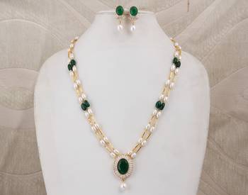 Pitti Jewels White Pearl and Green Beads Studded Layered Necklace Set  3