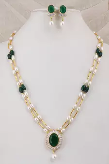 Pitti Jewels White Pearl and Green Beads Studded Layered Necklace Set 