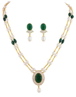 Pitti Jewels White Pearl and Green Beads Studded Layered Necklace Set  4