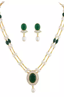 Pitti Jewels White Pearl and Green Beads Studded Layered Necklace Set 