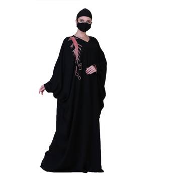 Black Kaftan With Pink Handwork And A Matching Hijab. 4