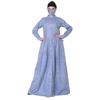 Front Open Cotton Abaya With Gathered Design at Waistline. 1