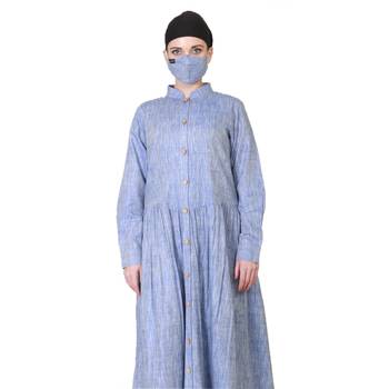 Front Open Cotton Abaya With Gathered Design at Waistline. 2
