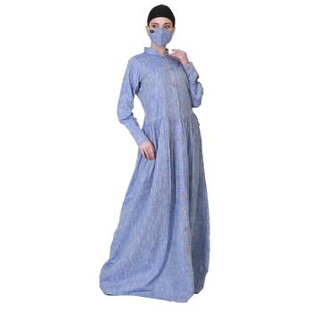 Front Open Cotton Abaya With Gathered Design at Waistline. 3
