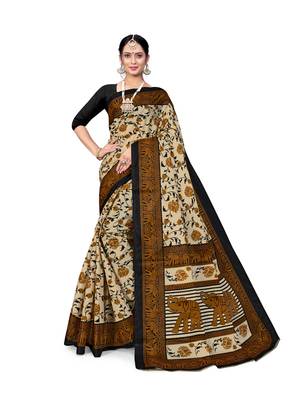 Cream printed taffeta saree with blouse 1