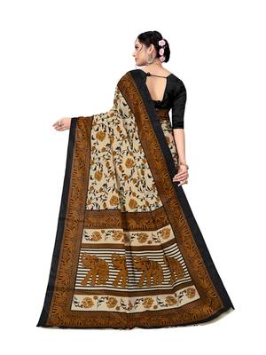 Cream printed taffeta saree with blouse 2