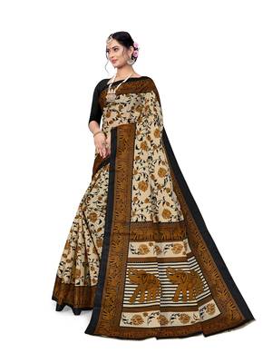 Cream printed taffeta saree with blouse 4