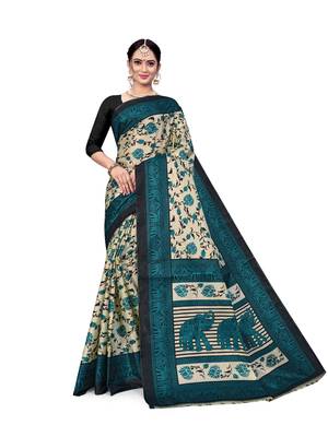 Cream printed taffeta saree with blouse 1